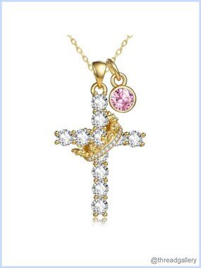 14K Gold Pendant Necklace Cross Crown Birthstone Charm 20"